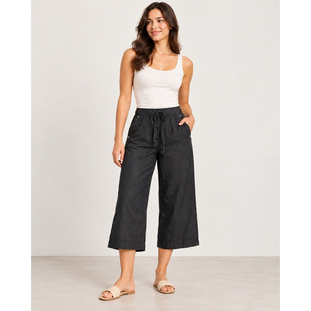 Michael Kors Black Linen Blend Wide Leg Cropped Drawstring Pants XL